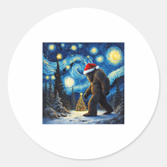 Pegatina Redonda Noche Bigfoot Santa Hat Van Gogh Starry (Anverso)