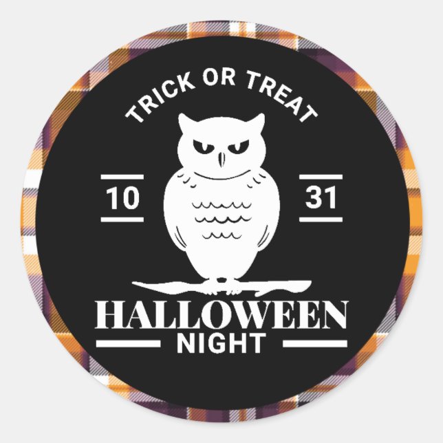 Pegatina Redonda Noche de Halloween Lechuza Blanca Negro/Naranja (Anverso)