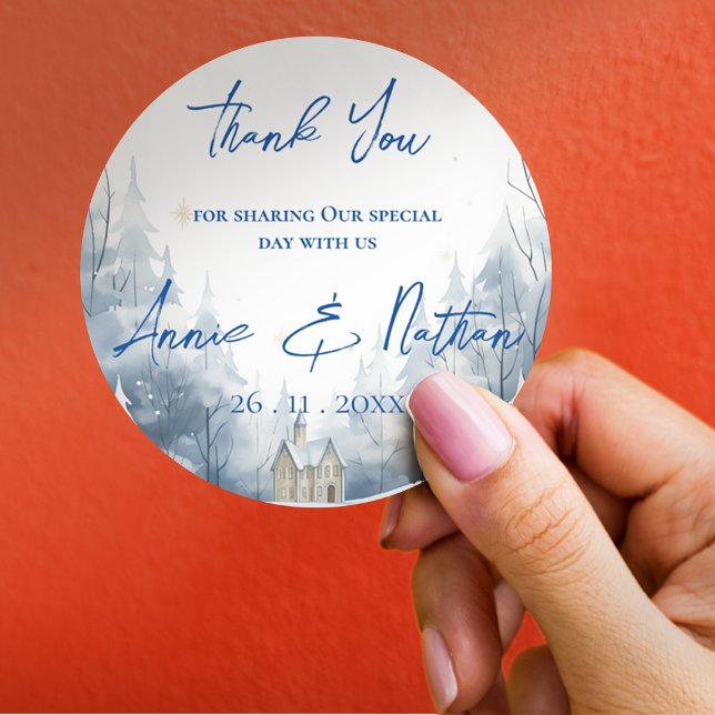 Pegatina Redonda Noche de invierno moderno y nevado (Trendy Cute Snowy Landscape Winter Wedding Classic Round Sticker)