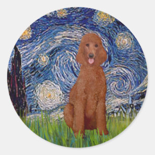 Pegatina Redonda Noche estrellada - Caniche estándar rojo oscuro #1
