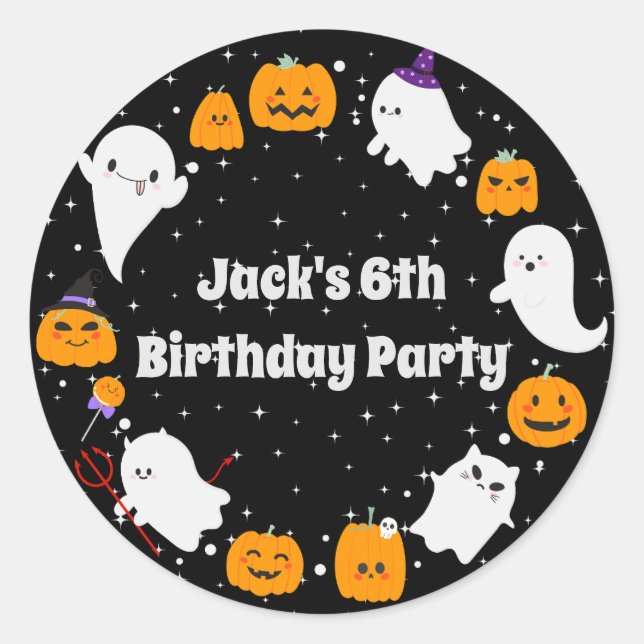 Pegatina Redonda Noche estrellada con fantasmas y calabazas (Anverso)