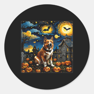 Pegatina Redonda Noche estrellada de Halloween Akita espeluznante