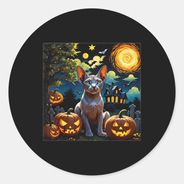 Pegatina Redonda Noche estrellada de Halloween Sphynx (Anverso)