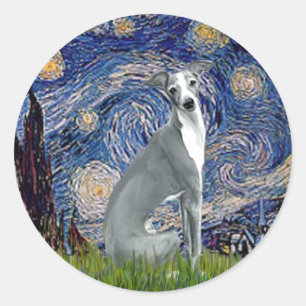 Pegatina Redonda Noche estrellada - Galgo italiano 4 (sentado)