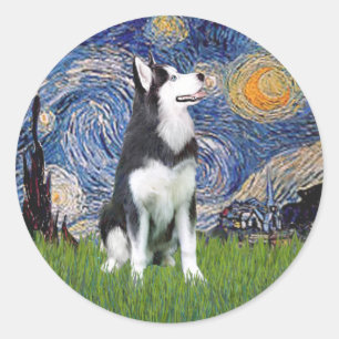 Pegatina Redonda Noche estrellada - Husky siberiano #1