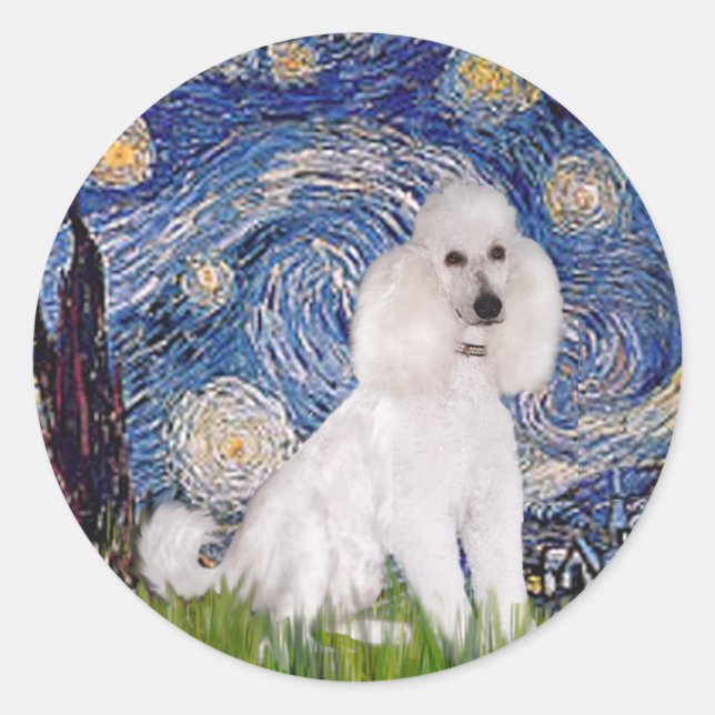 Pegatina Redonda Noche estrellada - Poodle blanco estándar (C) (Anverso)