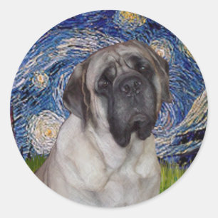 Pegatina Redonda Noche estrellada - Retrato de Bull Mastiff