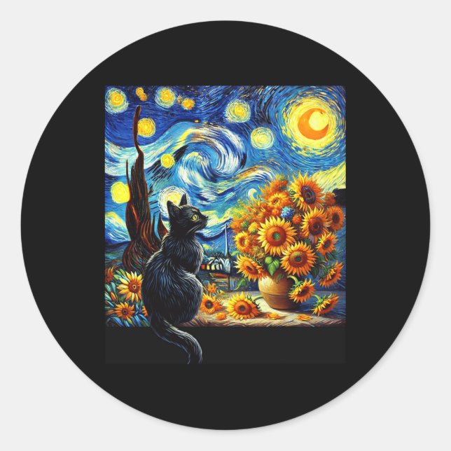 Pegatina Redonda Noche estrellada Vincent Van Gogh Sunflowers Cat L (Anverso)
