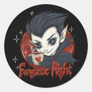 Pegatina Redonda Noche fantástica. Vampiro lindo con una taza de ca