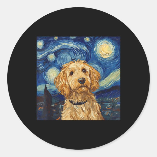 Pegatina Redonda Noche Goldendoodle Van Gogh Starry (Anverso)