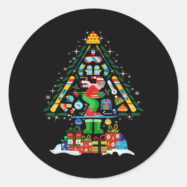 Pegatina Redonda Noche navideña ligera para esquiar snowboard Sno (Anverso)