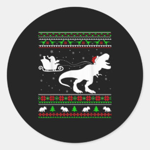 Pegatina Redonda Noche navideña Santa Sleigh Riding Dinosaur T-rex