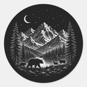 Pegatina Redonda Noche Salvaje de Montaña Mística Estilo Linocut
