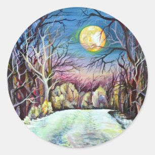 Pegatina Redonda Noche silenciosa de invierno Luna llena en Suecia
