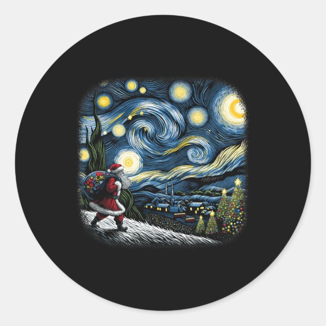 Pegatina Redonda Noche Van Gogh Starry Santa Navidades Invierno Sno (Anverso)