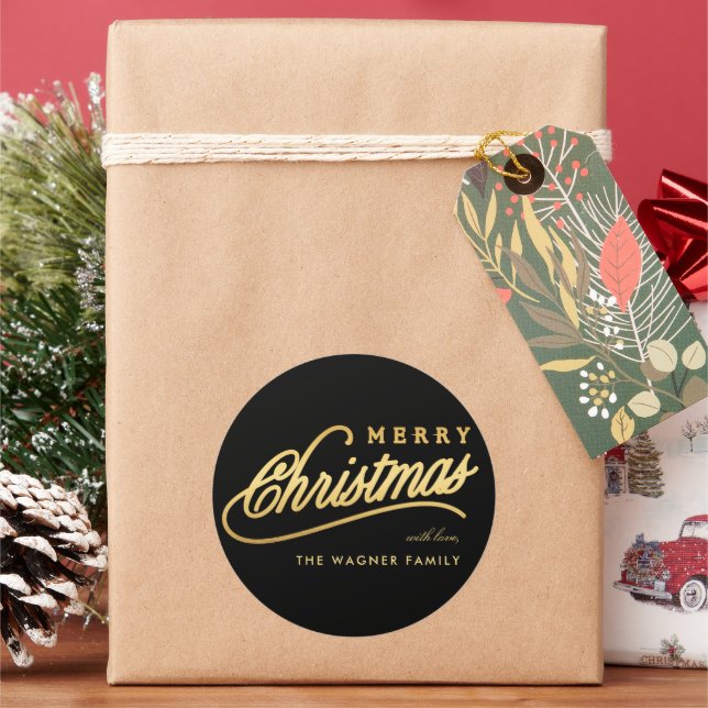 Pegatina Redonda Nochebuena de Feliz Guión Negro y Oro Moderno (Vacaciones)