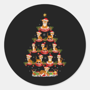 Pegatina Redonda Nochebuena de tigre iluminando árbol de navidad de