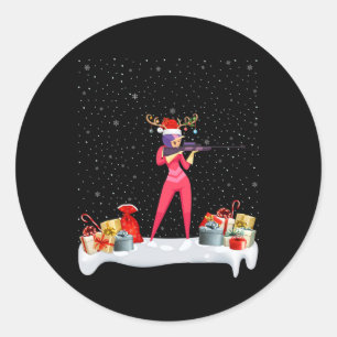 Pegatina Redonda Nochebuena divertida encendiendo reno Santa Hat Bi