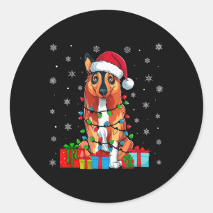 Pegatina Redonda Nochebuena fea la luz de Santa Hat Perro elkhound