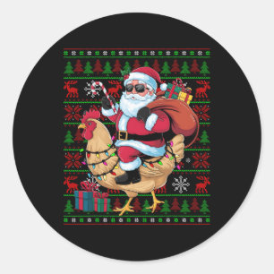 Pegatina Redonda Nochebuena fea luz divertida Santa Riding Pollo C