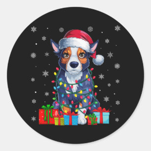 Pegatina Redonda Nochebuena feo alumbra a Santa Hat perro de ganado