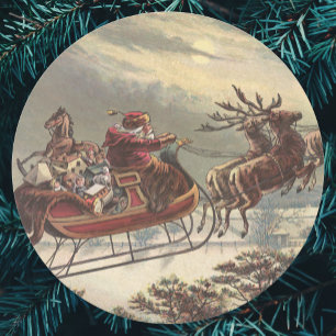 Pegatina Redonda Nochebuena vintage victoriana trineo de Santa Clau