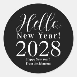 Pegatina Redonda Nochevieja Feliz Año Nuevo blanco y negro