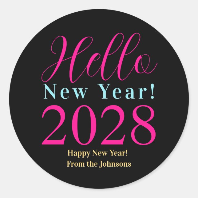 Pegatina Redonda Nochevieja Feliz Año Nuevo Rosa negro caliente (Anverso)