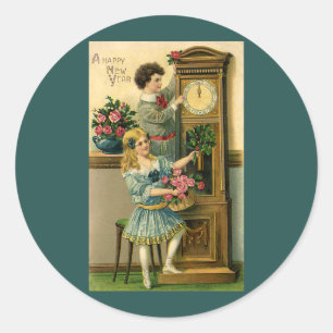 Pegatina Redonda Nochevieja Victoriana Antigua Niños y Reloj