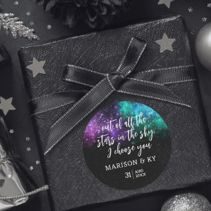 Pegatina Redonda Nocturno Celestial Sky Space Nebula Gold Star Boda