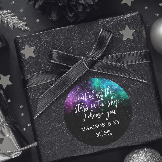 Pegatina Redonda Nocturno Celestial Sky Space Nebula Gold Star Boda (Subido por el creador)