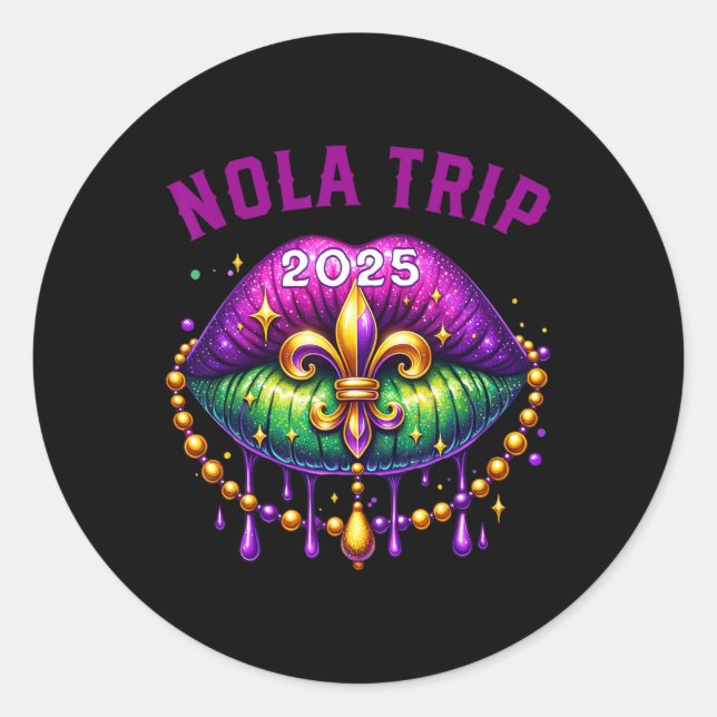 Pegatina Redonda Nola Trip 2025 Mardi Gras Labios Familia Vac (Anverso)