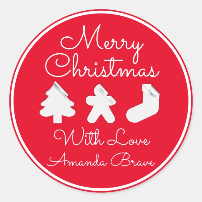 Pegatina Redonda Nombra del árbol de navidad rojo moderno famoso (Anverso)