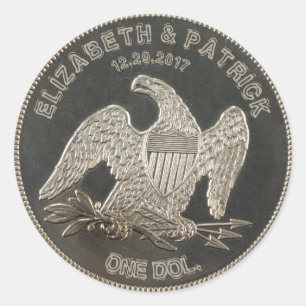 Pegatina Redonda Nombrado Silver 1865 Boda O Aniversario Del Dólar