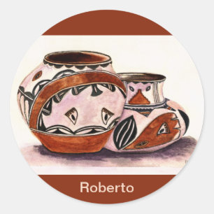 Pegatina Redonda Nombrado Watercolor Nativo Arte de artesanía norte