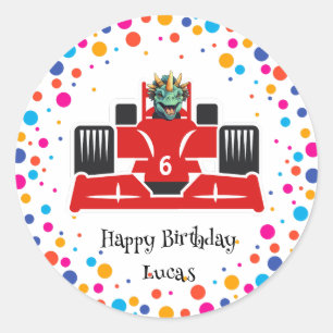 Pegatina Redonda Nombramiento del niño de carreras rojas de Dinosau