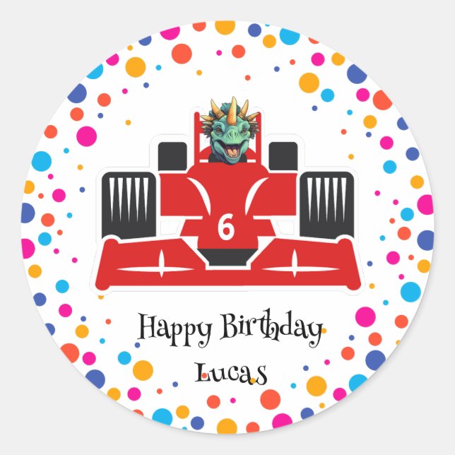 Pegatina Redonda Nombramiento del niño de carreras rojas de Dinosau (Anverso)