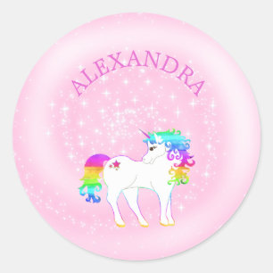 Pegatina Redonda Nombran a unicornio Chicas rosas del arcoiris