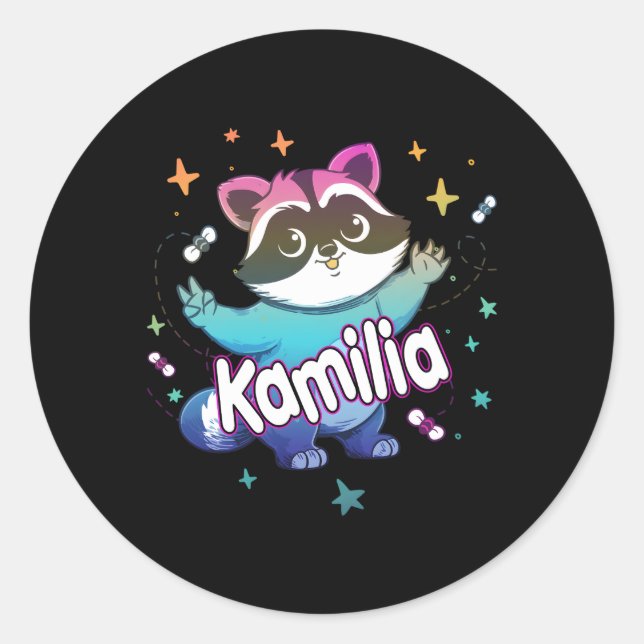 Pegatina Redonda Nombre Adorable De Kamilia Con Raccoon (Anverso)