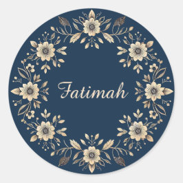 Pegatina Redonda Nombre azul de la Marina Floral Ornamental Tradici