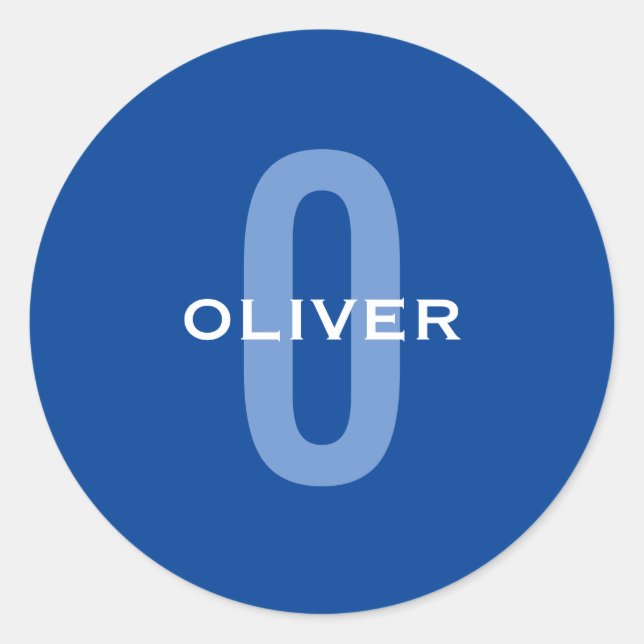 Pegatina Redonda Nombre blanco azul monograma personalizado (Anverso)