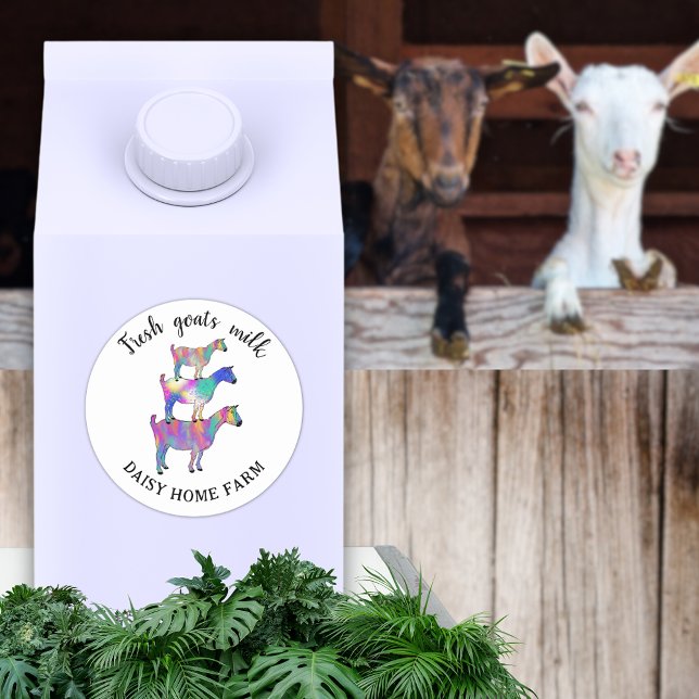 Pegatina Redonda Nombre comercial de la leche de cabra (Fresh goats milk custom business name product label sticker with funny colorful farm animal art)
