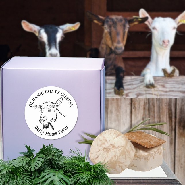 Pegatina Redonda Nombre comercial del queso de cabra Negro y blanco (Goats cheese business name black and white custom product label. Simple goat drawing farm produce )