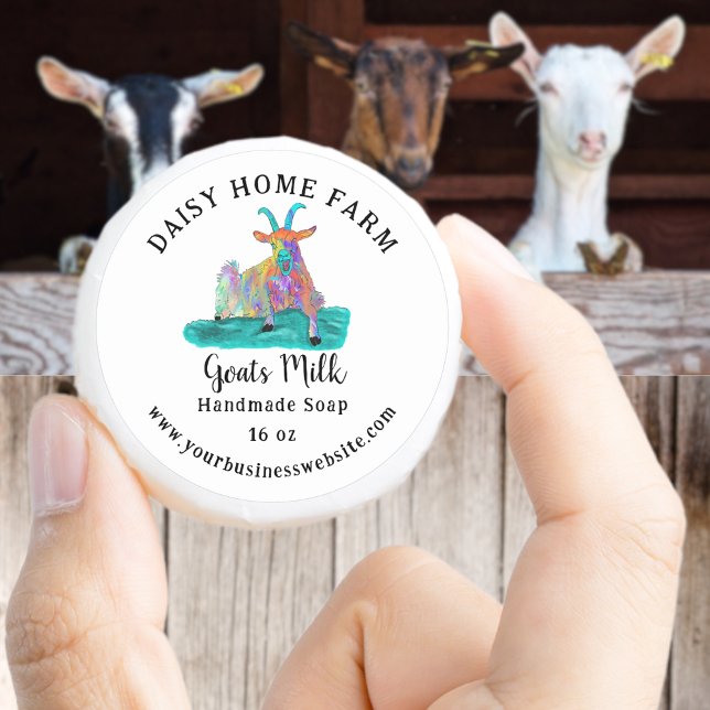 Pegatina Redonda Nombre comercial y sitio web de jabón de leche de  (Goats milk handmade soap smal business name website produce label with funny screaming goat colorful)