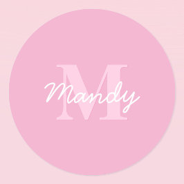 Pegatina Redonda Nombre curvo y monograma de aspecto corto | Rosa