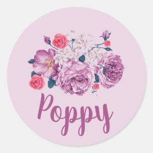 Pegatina Redonda Nombre de Amapola Floral Personalizado Flor Vintag
