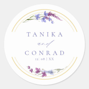 Pegatina Redonda Nombre de color de agua del Boda de flores silvest
