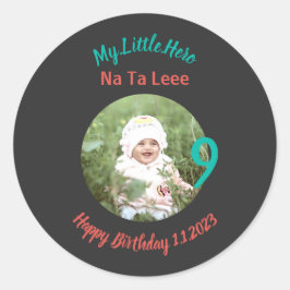 Pegatina Redonda Nombre de cumpleaños personalizado con foto
