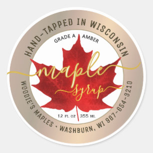 Pegatina Redonda Nombre de estado Fancy Font Maple Syrup Red Leaf G