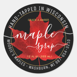 Pegatina Redonda Nombre de estado Fancy Font Maple Syrup Red Leaf N